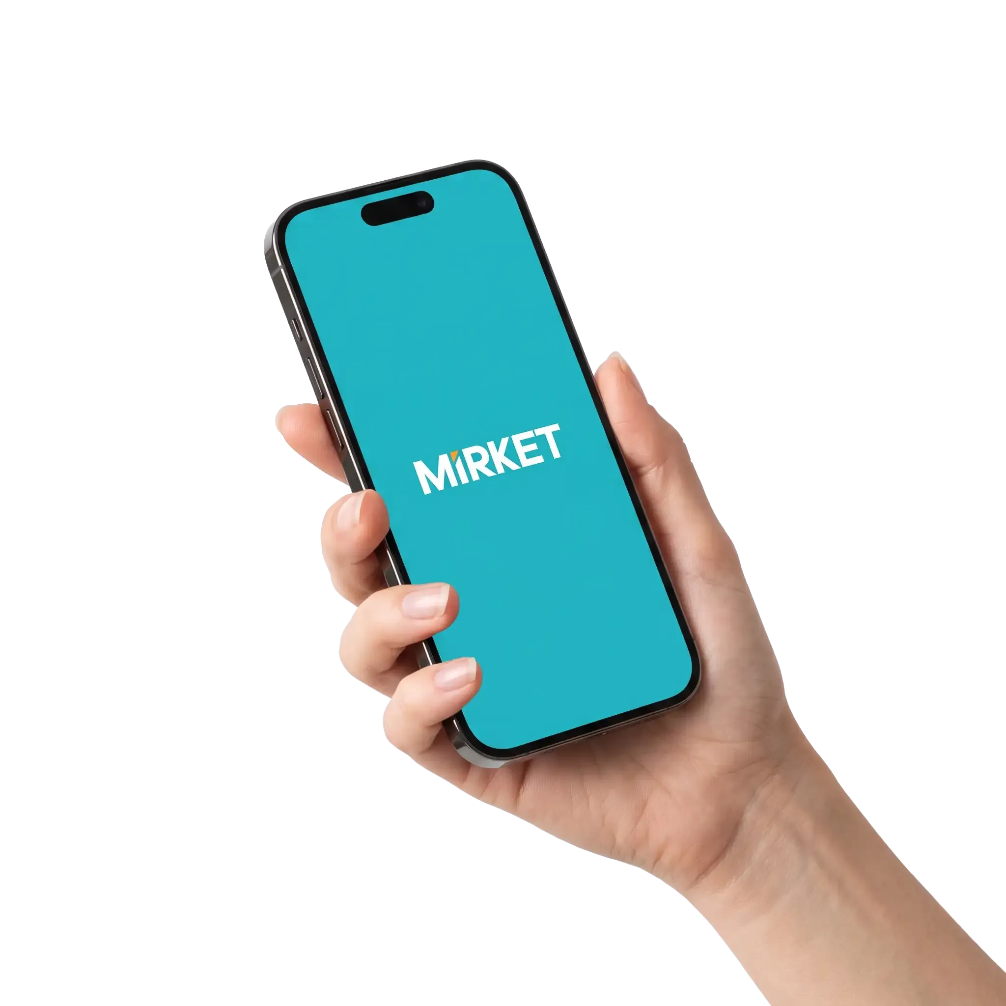 Ekranında Mirket logosu bulunan bir telefonu tutan el