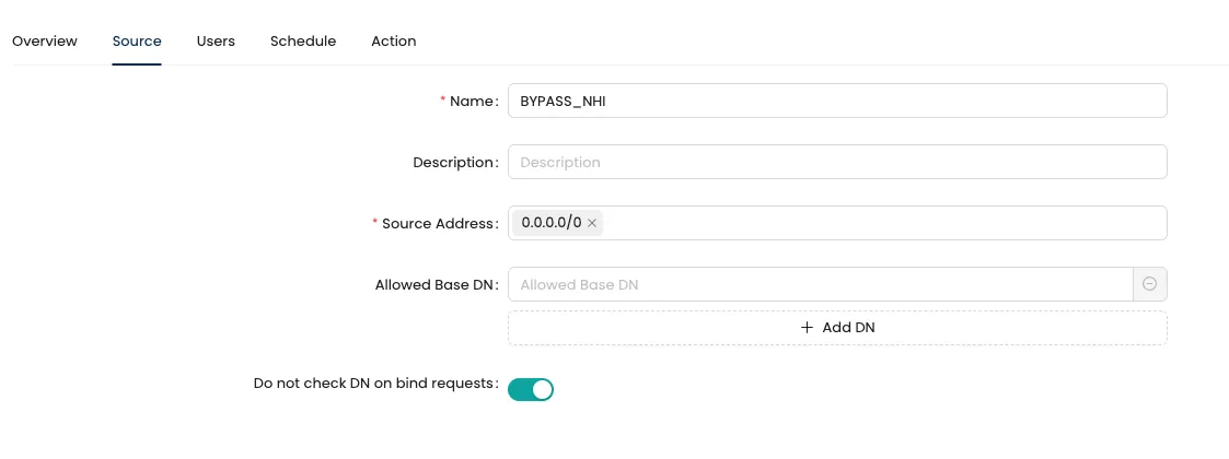 Mirket proxy kuralının Kaynak sekmesi: kaynak adresi ve kimlik bilgisinin sorgulayabileceği base DN