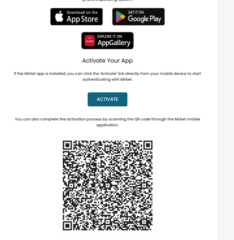 QR kod ve mobil uygulama kurulumu içeren Mirket self-servis kullanıcı kayıt portalı