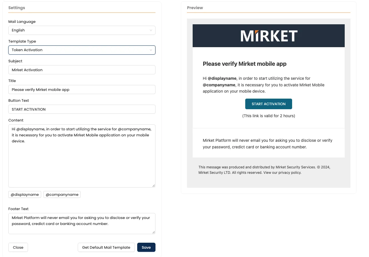 Mirket MFA üzerinde özelleştirilebilir bildirim e-postası şablonları ve dil ayarları