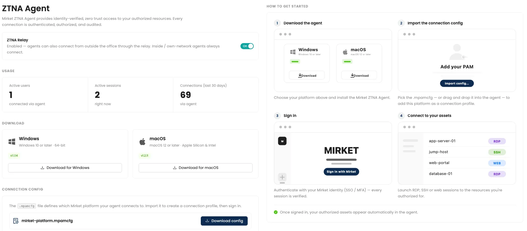 Mirket ZTNA Ajanı sayfası: relay ayarı, kullanım bilgileri, Windows ve macOS indirmeleri, bağlantı yapılandırması ve başlangıç adımları